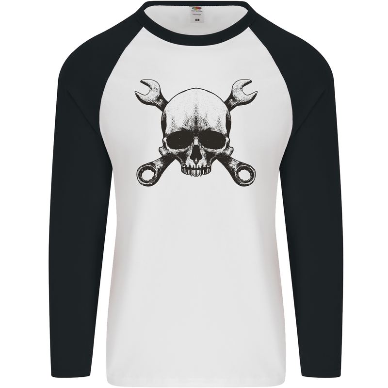 Spanner Skull Mechanic Car Biker Motorcycle Mens L/S Baseball T-Shirt White/Black