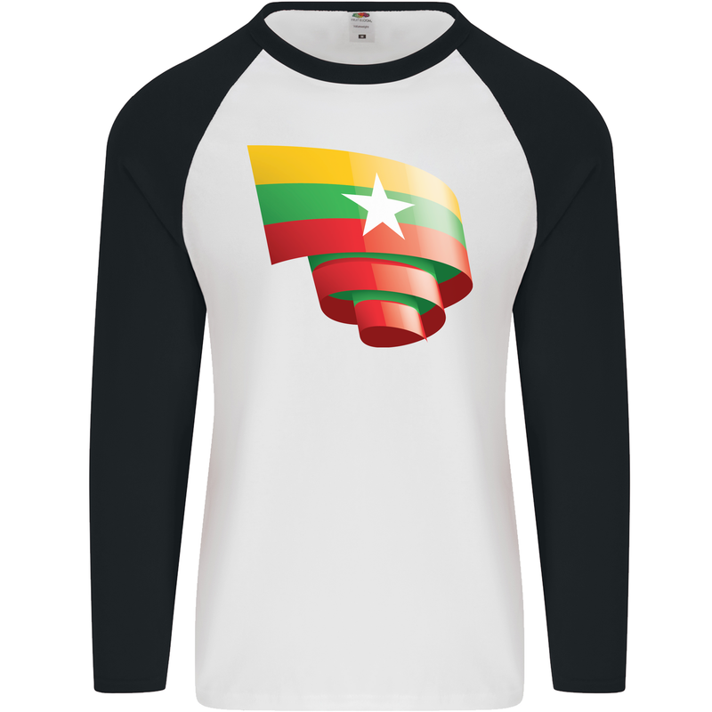 Curled Myanmar Flag Burmese Day Football Mens L/S Baseball T-Shirt White/Black