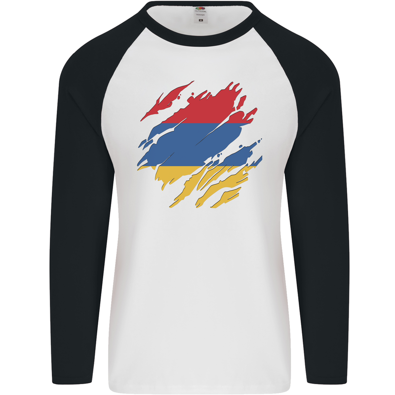 Torn Armenia Flag Armenian Day Football Mens L/S Baseball T-Shirt White/Black