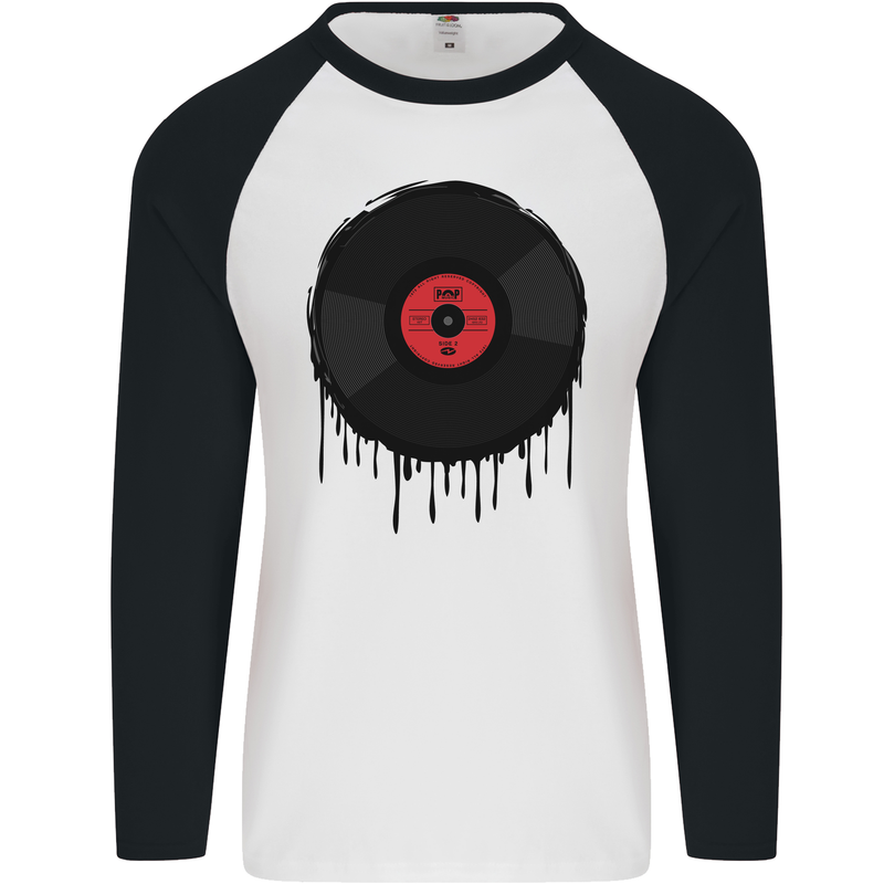 A Dripping Vinyl Record Turntable Decks DJ Mens L/S Baseball T-Shirt White/Black