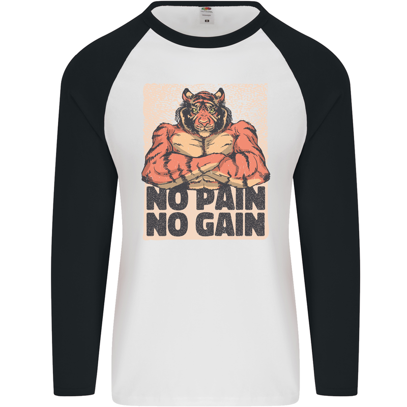 Gym Tiger No Pain No Gain Training Top Mens L/S Baseball T-Shirt White/Black