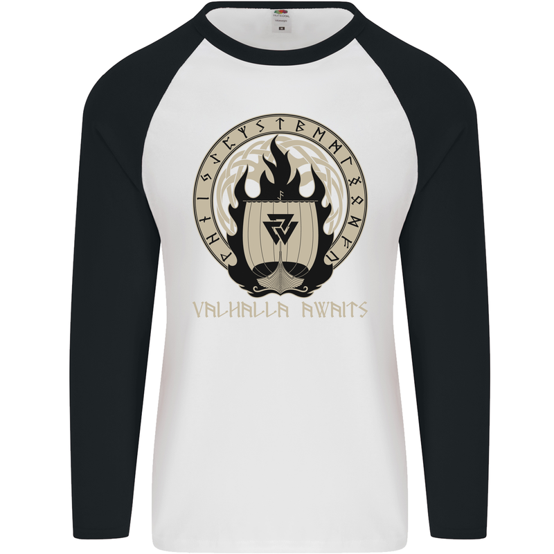 Vikings Valhalla Awaits Valknut Symbol Odin Mens L/S Baseball T-Shirt White/Black