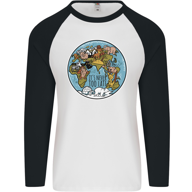 It's Never Too Late Climate Change Mens L/S Baseball T-Shirt White/Black