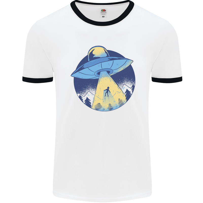 Funny Alien Abduction UFO Mens Ringer T-Shirt White/Black