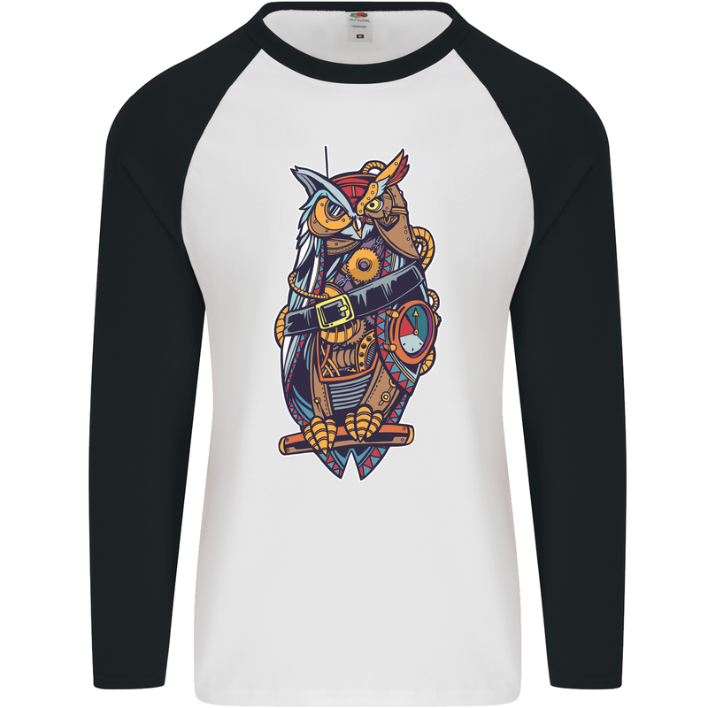 Funny Steampunk Pirate Owl Mens L/S Baseball T-Shirt White/Black