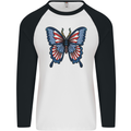 American Butterfly Flag USA July 4th Mens L/S Baseball T-Shirt White/Black