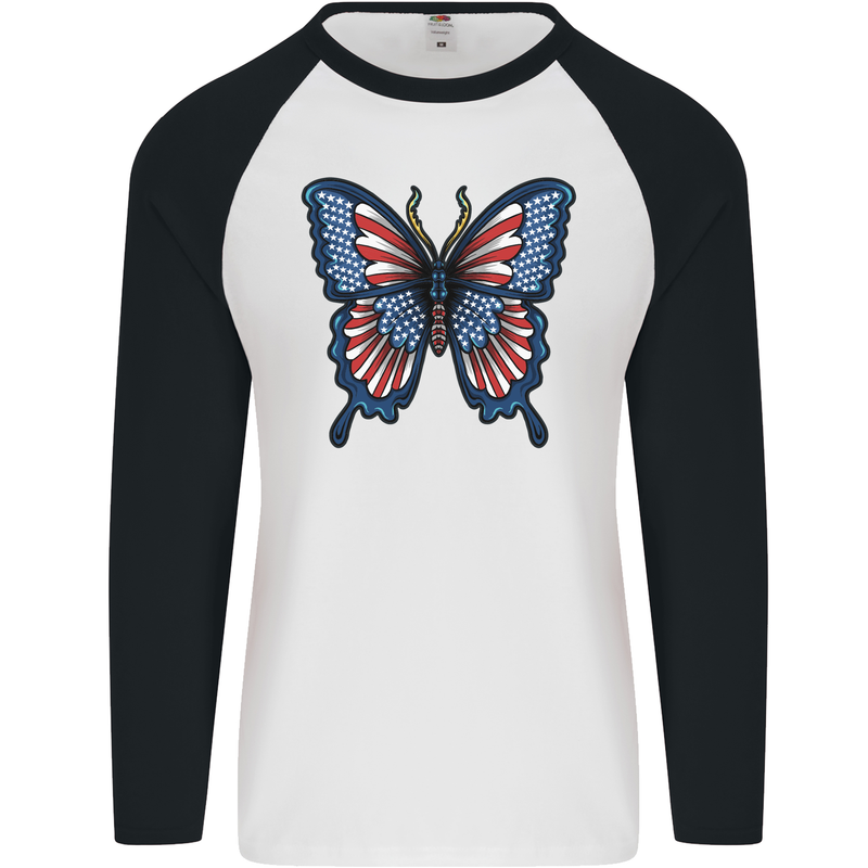 American Butterfly Flag USA July 4th Mens L/S Baseball T-Shirt White/Black