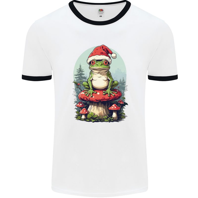 Christmas Frog Toadstool Xmas Mycology Foraging Mens Ringer T-Shirt White/Black