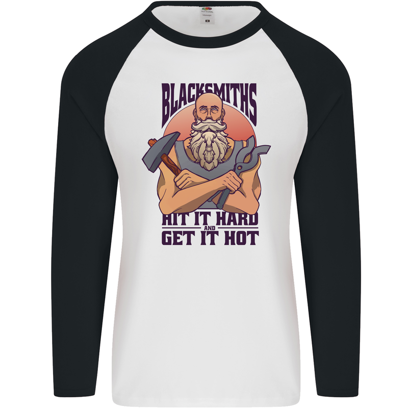 Blacksmiths Hit it Hard and Get it Hot Mens L/S Baseball T-Shirt White/Black