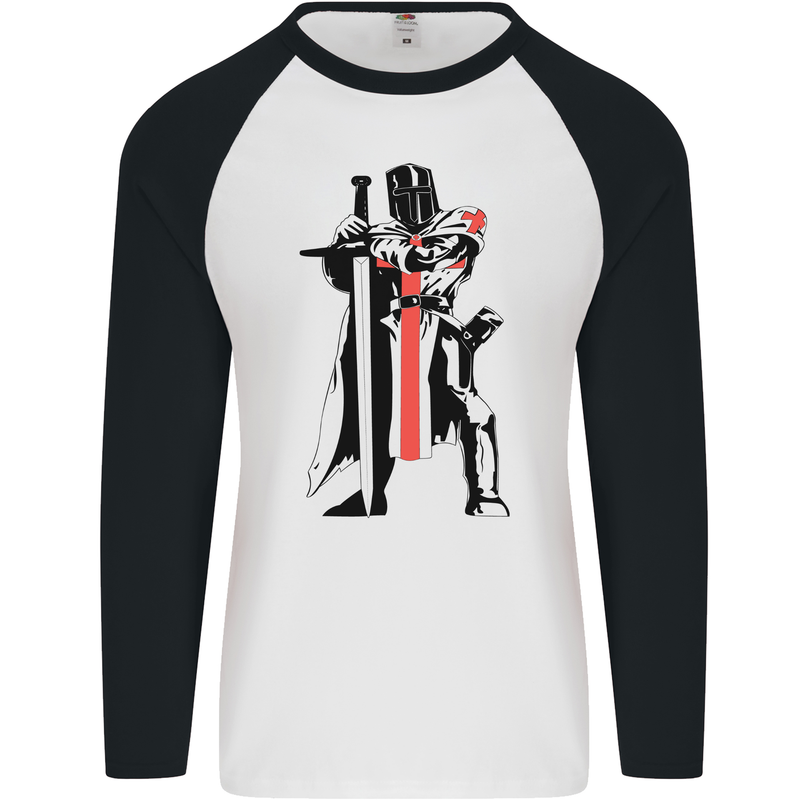 Knights Templar With Broad Sword Mens L/S Baseball T-Shirt White/Black