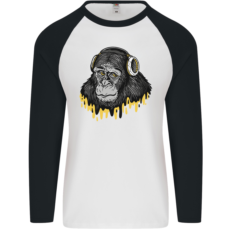 Monkey DJ Headphones Music Mens L/S Baseball T-Shirt White/Black