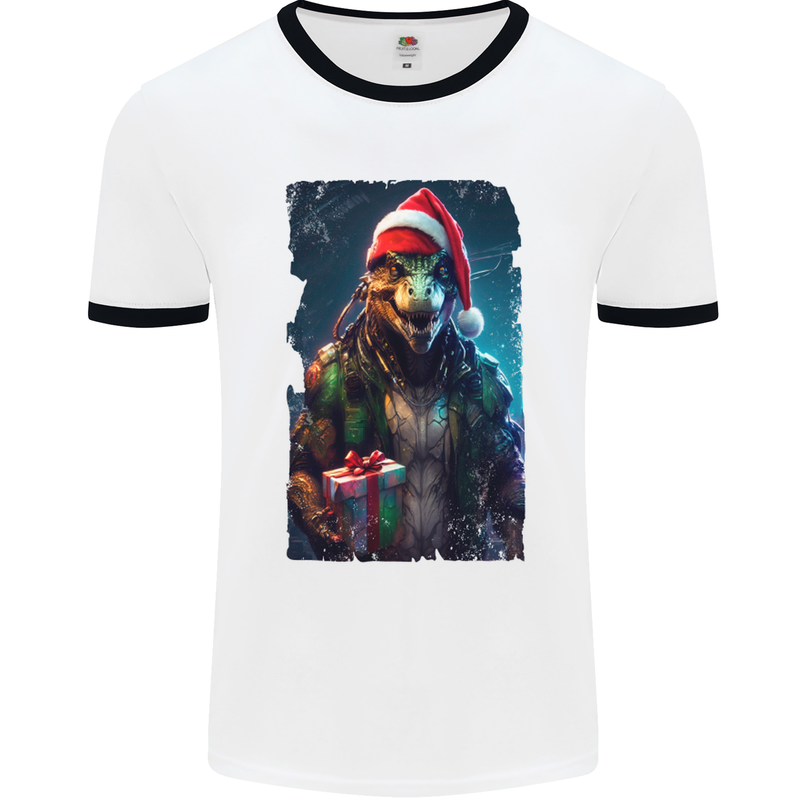 Christmas Reptile Dinosaur T-Rex Xmas Mens Ringer T-Shirt White/Black