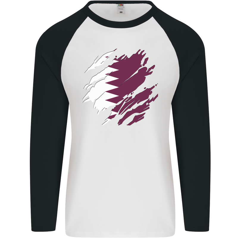 Torn Qatar Flag Qatari Day Football Mens L/S Baseball T-Shirt White/Black