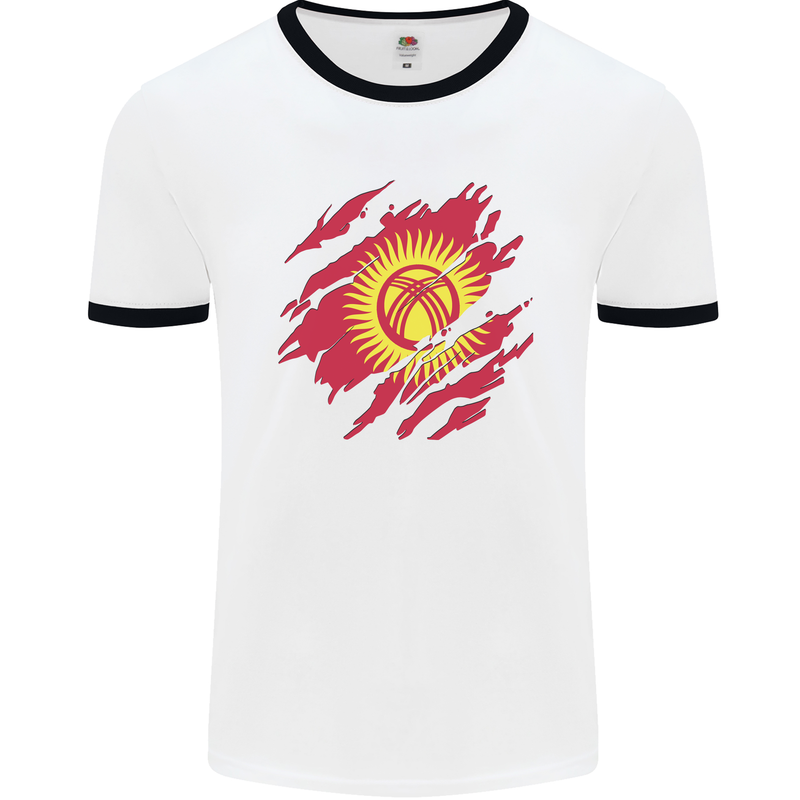 Torn  Kyrgyzstan Flag Kyrgyz Day Football Mens Ringer T-Shirt White/Black