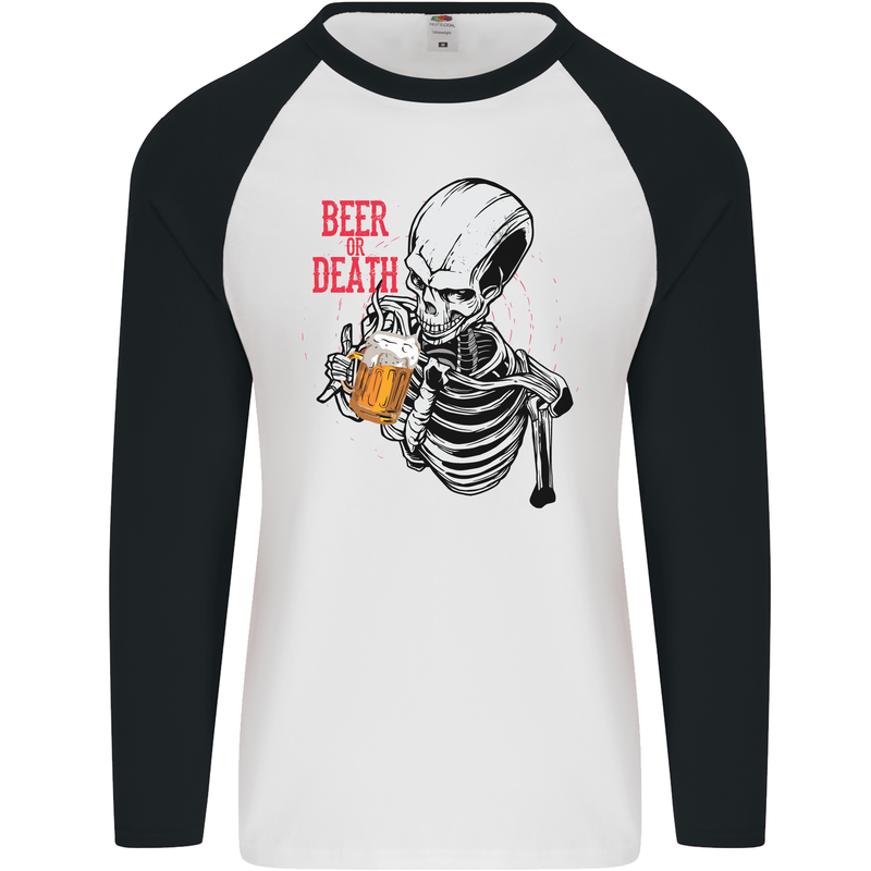 Beer or Death Skull Funny Alcohol Mens L/S Baseball T-Shirt White/Black