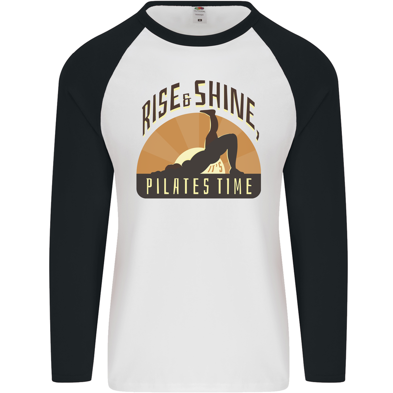 Yoga Rise and Shine Pilates Time Funny Mens L/S Baseball T-Shirt White/Black