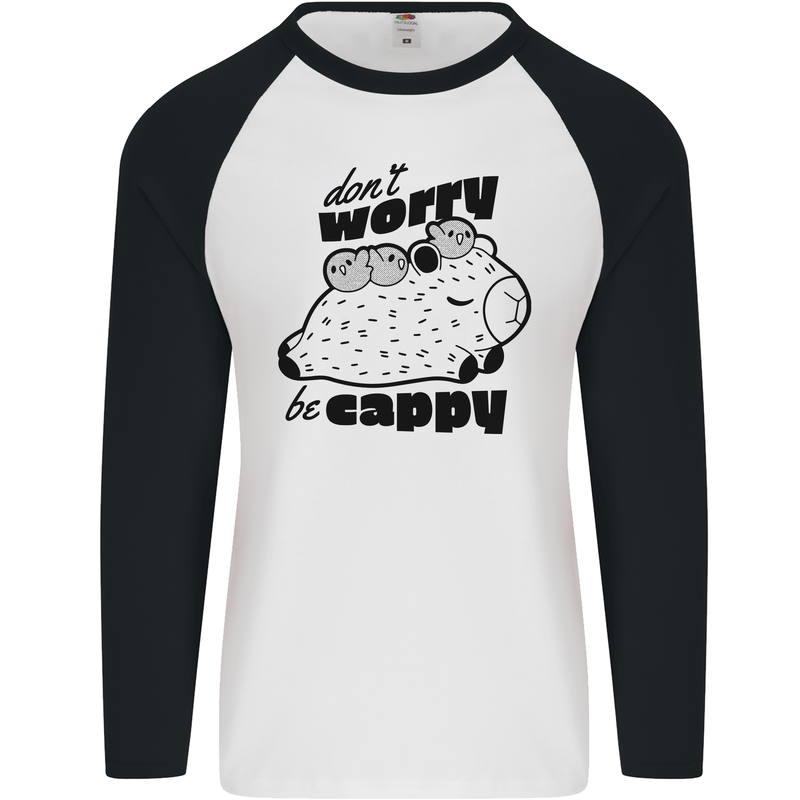 Cappybara Dont Worry Be Cappy Mens L/S Baseball T-Shirt White/Black