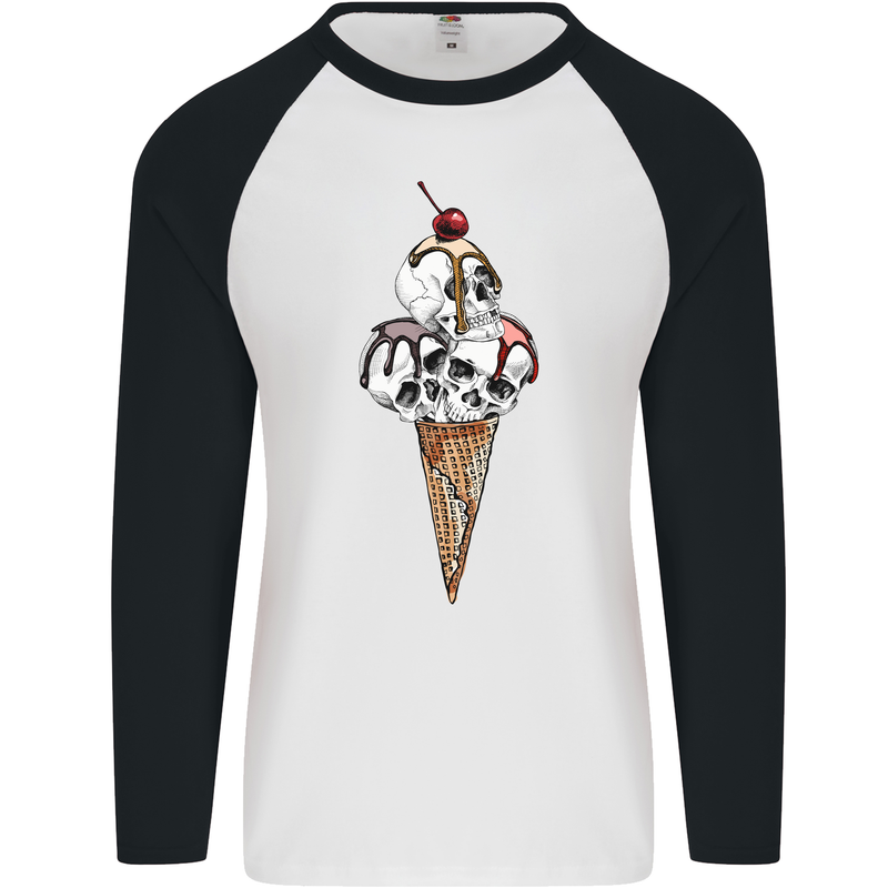 Ice Cream Skull Mens L/S Baseball T-Shirt White/Black