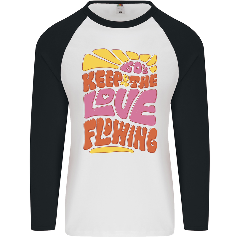 60s Keep the Love Flowing Funny Hippy Peace Mens L/S Baseball T-Shirt White/Black