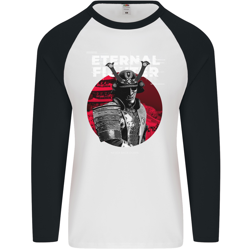 Samurai Fighter Skull MMA Mixed Martial Arts Mens L/S Baseball T-Shirt White/Black