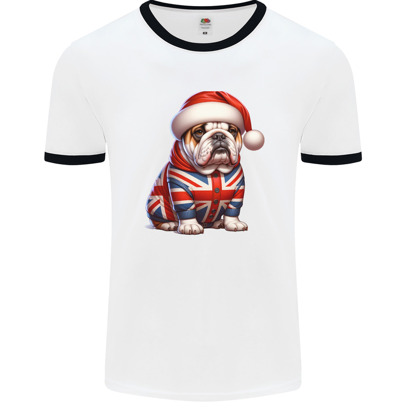 Christmas British Bulldog Union Jack Dog Xmas Mens Ringer T-Shirt White/Black