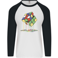 Dripping Rubik Cube Funny Puzzle Mens L/S Baseball T-Shirt White/Black