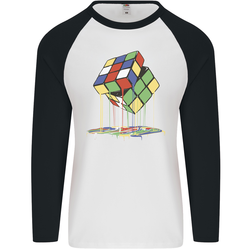 Dripping Rubik Cube Funny Puzzle Mens L/S Baseball T-Shirt White/Black