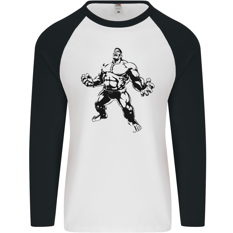 Muscle Man Gym Training Top Bodybuilding Mens L/S Baseball T-Shirt White/Black