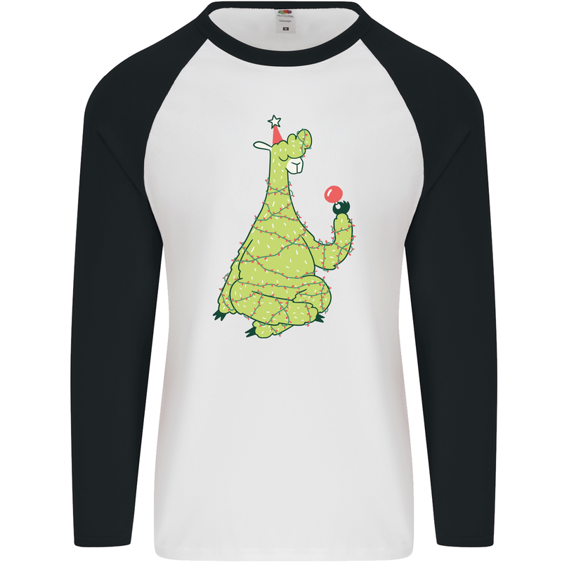 A Llama Wearing a Christmas Hat Xmas Mens L/S Baseball T-Shirt White/Black