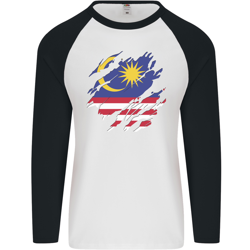 Torn Malaysia Flag Malaysian Day Football Mens L/S Baseball T-Shirt White/Black