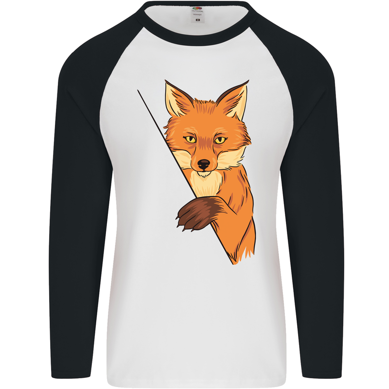 An Orange Fox Illustration Mens L/S Baseball T-Shirt White/Black