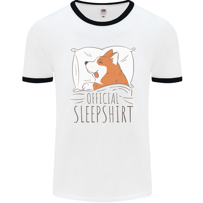 Corgi Sleeping Dog Mens Ringer T-Shirt White/Black