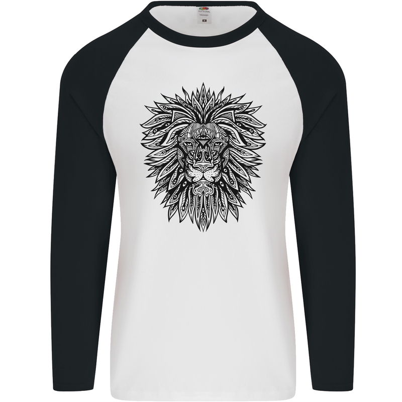 Mandala Lion Mens L/S Baseball T-Shirt White/Black