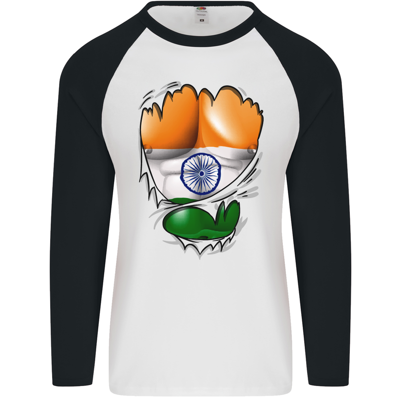 Gym The Indian Flag Ripped Muscles India Mens L/S Baseball T-Shirt White/Black
