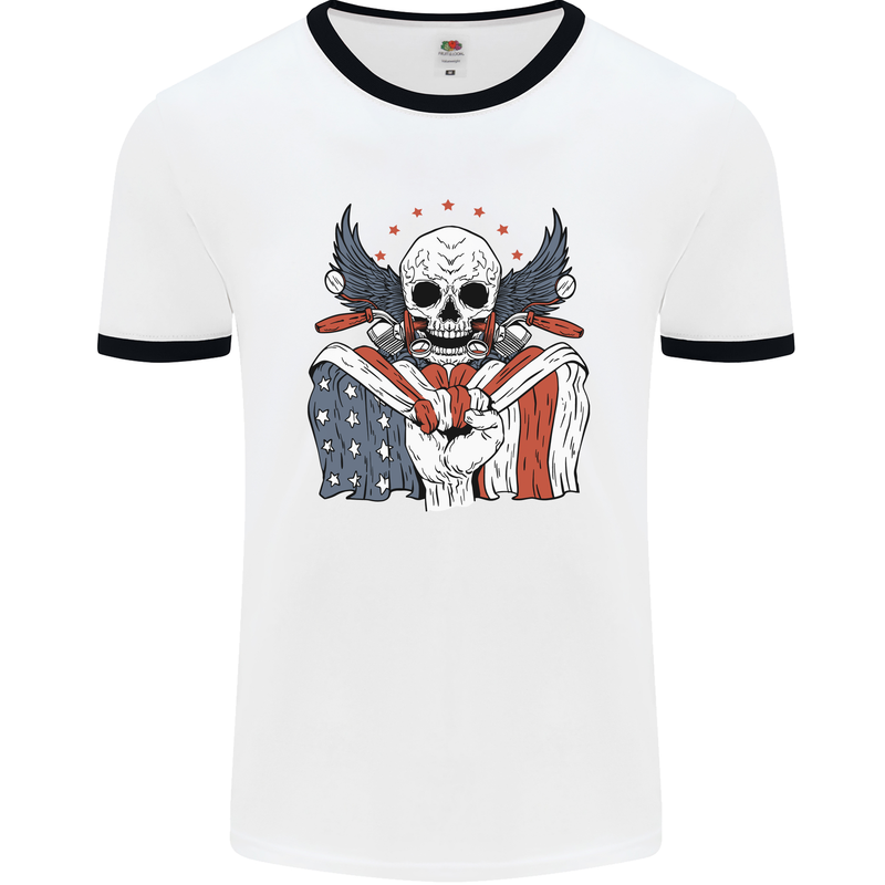 USA Biker Skull Motorcycle Motorbike Flag Mens Ringer T-Shirt White/Black