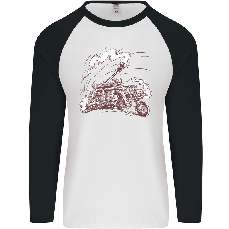 An Army Biker With Tank Skull Motorcycle Mens L/S Baseball T-Shirt White/Black