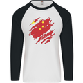 Torn China Flag Chinese Day Football Mens L/S Baseball T-Shirt White/Black