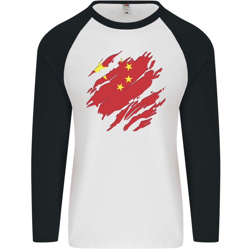 Torn China Flag Chinese Day Football Mens L/S Baseball T-Shirt White/Black