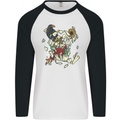 Broken Skull With Roses & Raven Mens L/S Baseball T-Shirt White/Black