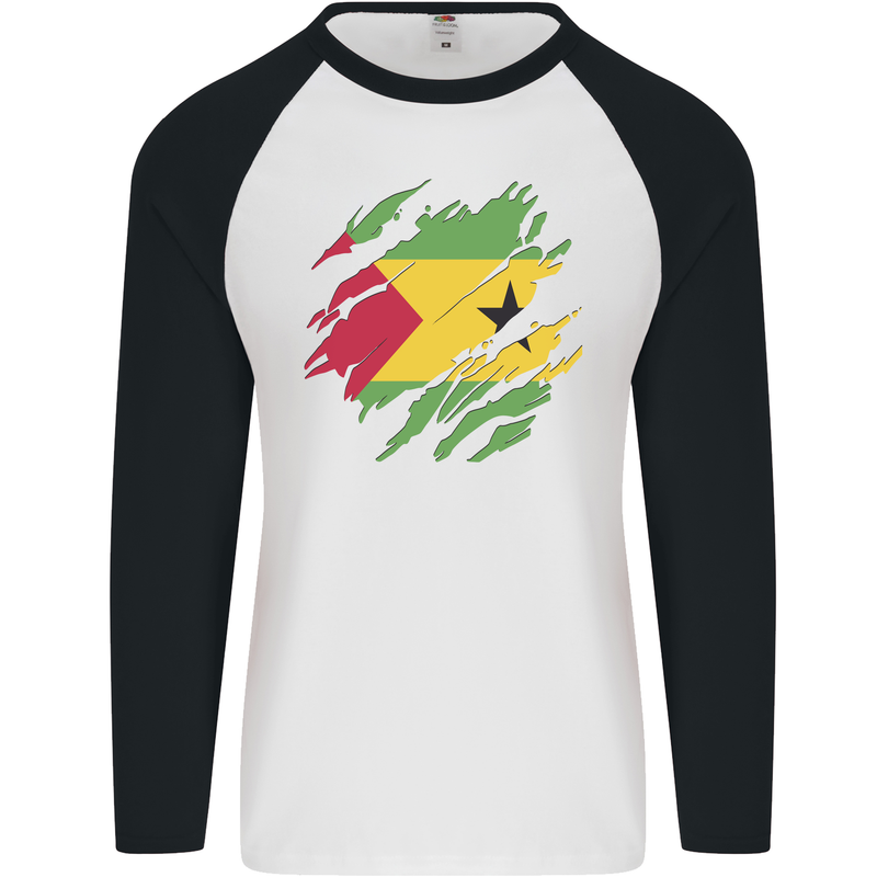 Torn Sao Tome and Principe Flag Day Football Mens L/S Baseball T-Shirt White/Black