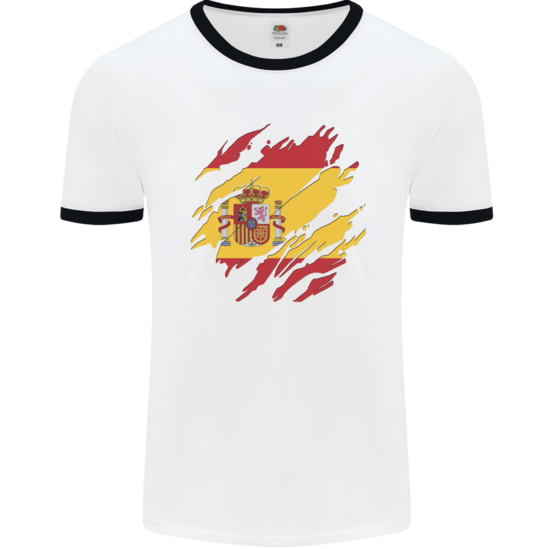 Torn Spain Flag Spanish Day Football Mens Ringer T-Shirt White/Black