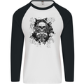 Three Skulls Demon Biker Gothic Tattoo Mens L/S Baseball T-Shirt White/Black