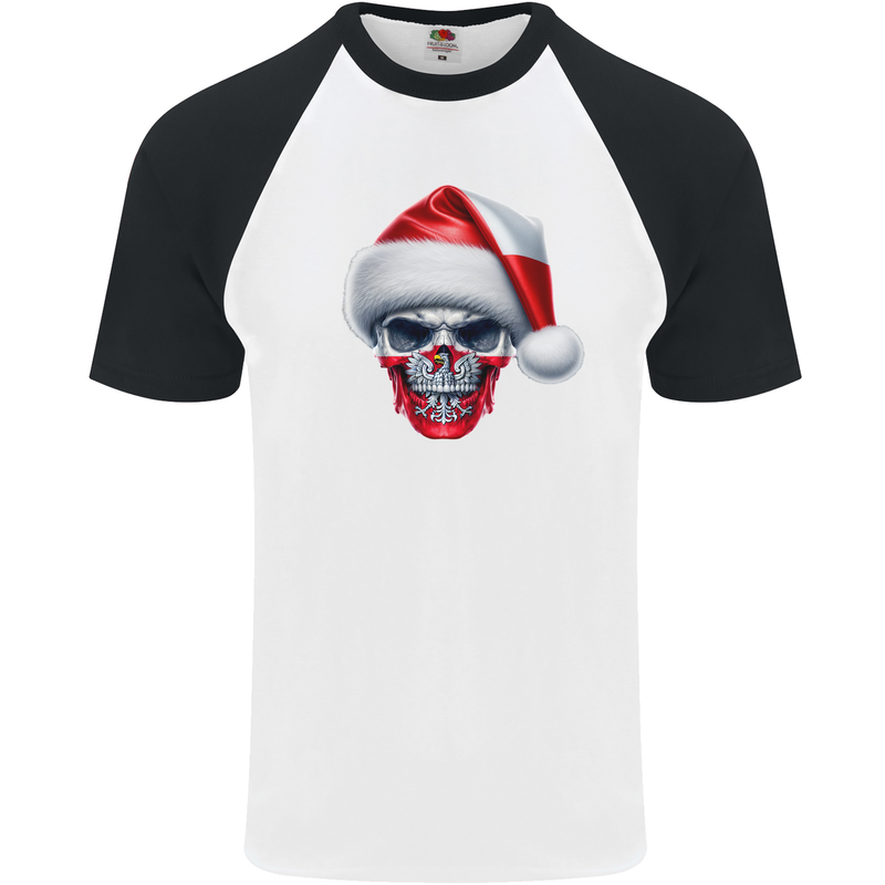 Poland Christmas Skull Xmas Polish Biker Flag Mens S/S Baseball T-Shirt White/Black