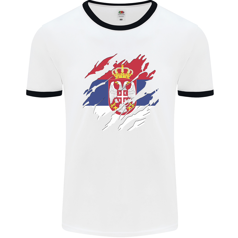 Torn Serbia Flag Serbia Day Football Mens Ringer T-Shirt White/Black