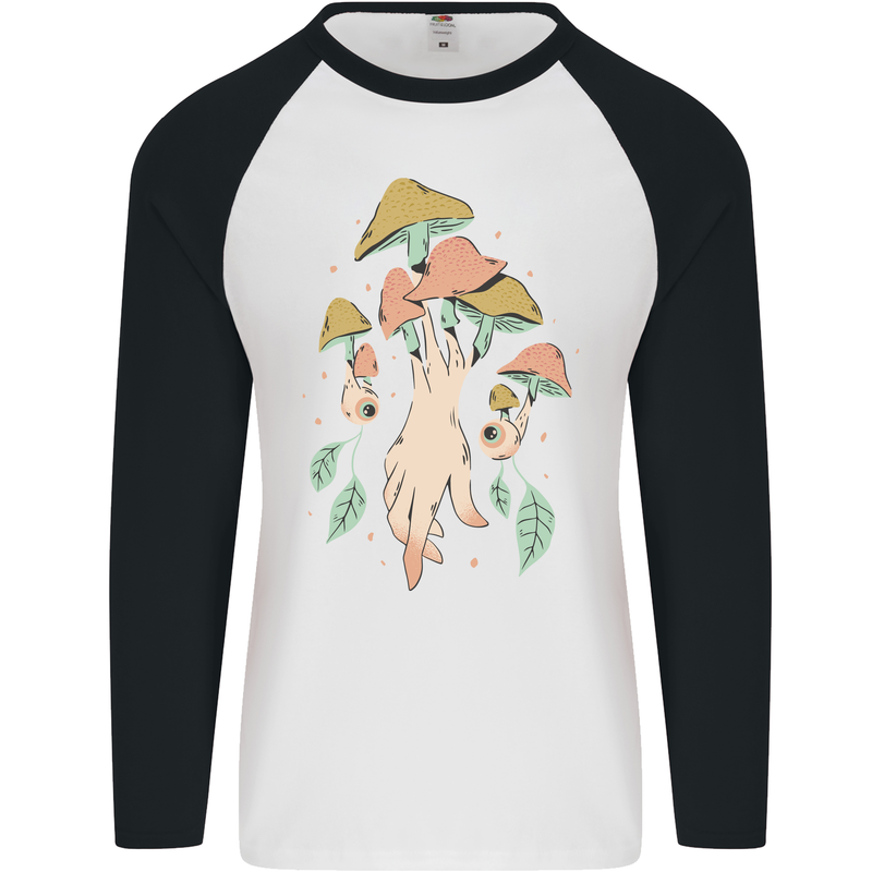 Trippy Magic Mushrooms With Eyes Mens L/S Baseball T-Shirt White/Black