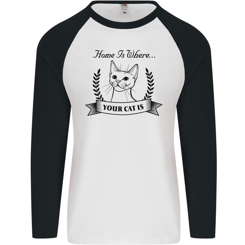 Home Is Where Your Cat Is Funny Kitten Mens L/S Baseball T-Shirt White/Black