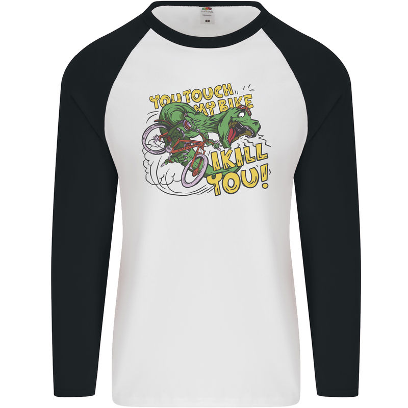 T-Rex Dinosaur Funny Cycling Cyclist Mens L/S Baseball T-Shirt White/Black