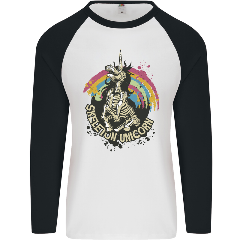 Skeleton Unicorn Skull Heavy Metal Rock Mens L/S Baseball T-Shirt White/Black