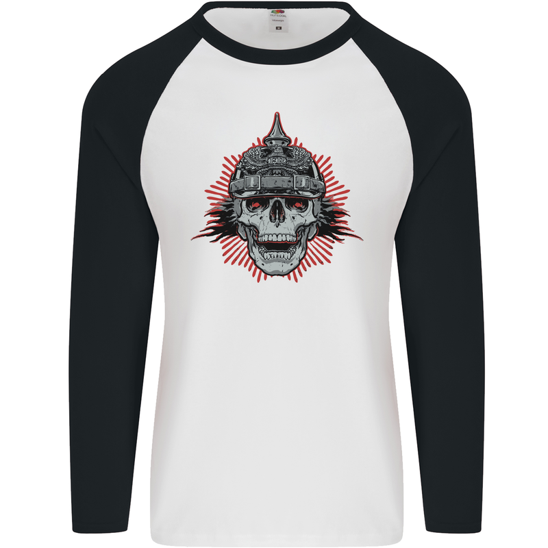 Pickelhaube Skull Prussian Helmet Biker Mens L/S Baseball T-Shirt White/Black