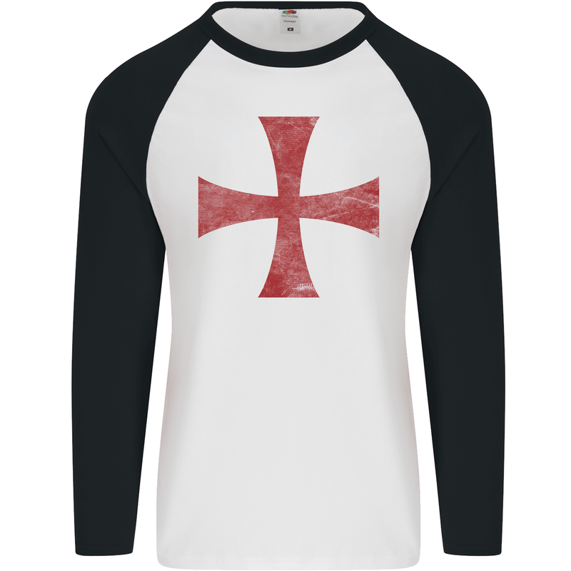 Knights Templar Cross Fancy Dress Outfit Mens L/S Baseball T-Shirt White/Black